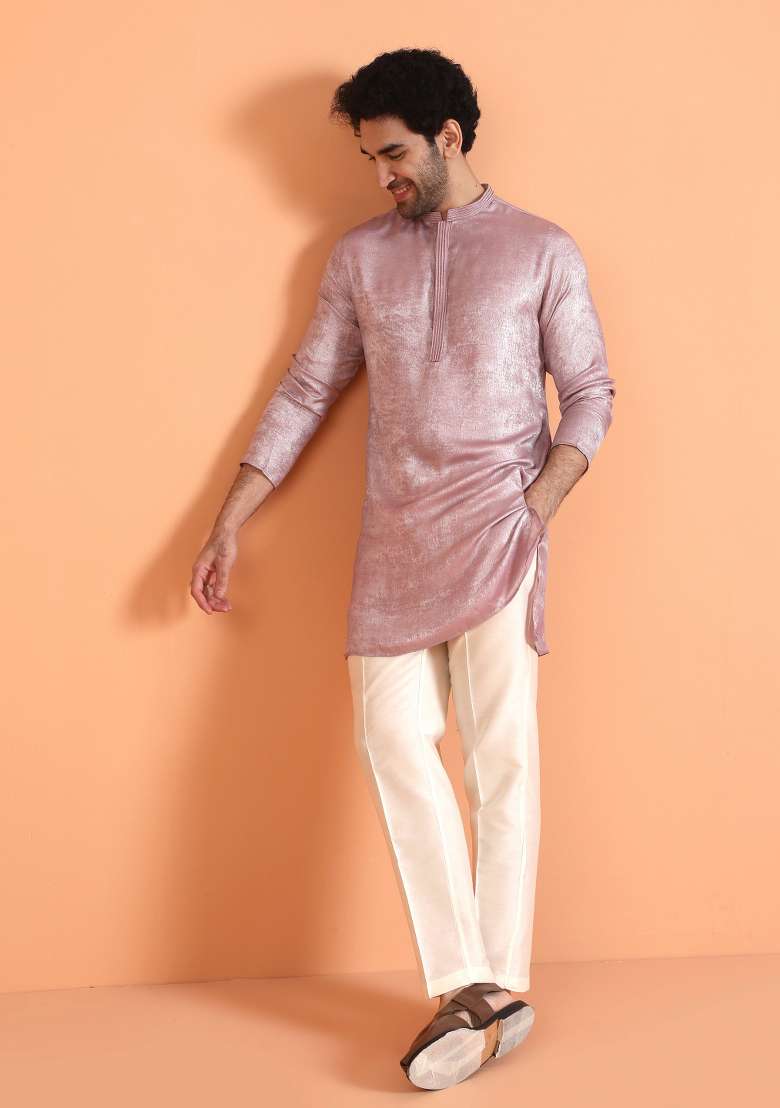 Pink Solid Silk Blend Kurta Set For Men - Indya