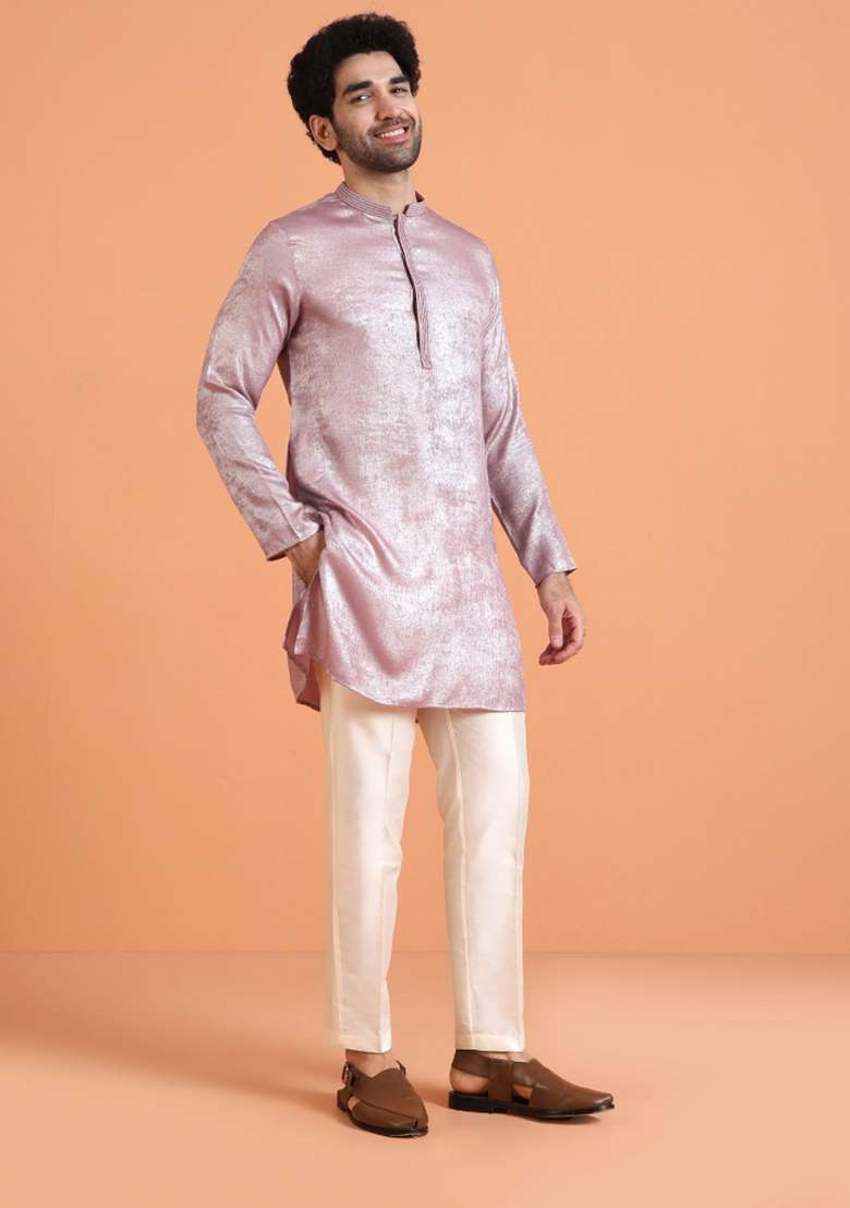 Pink Solid Silk Blend Kurta Set For Men - Indya