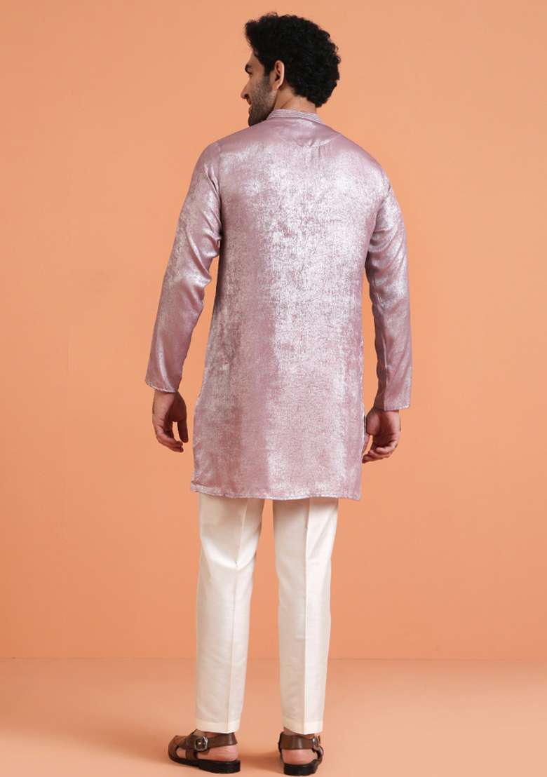 Pink Solid Silk Blend Kurta Set For Men - Indya
