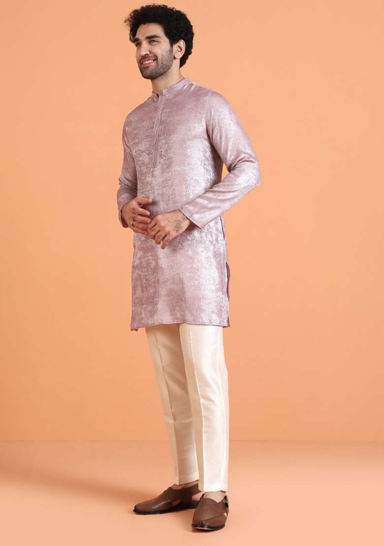 Pink Solid Silk Blend Kurta Set For Men - Indya