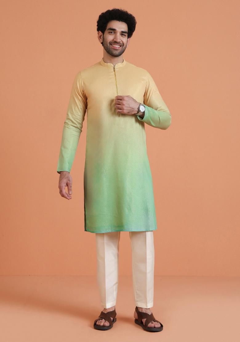 Yellow Ombre Silk Blend Kurta Set For Men