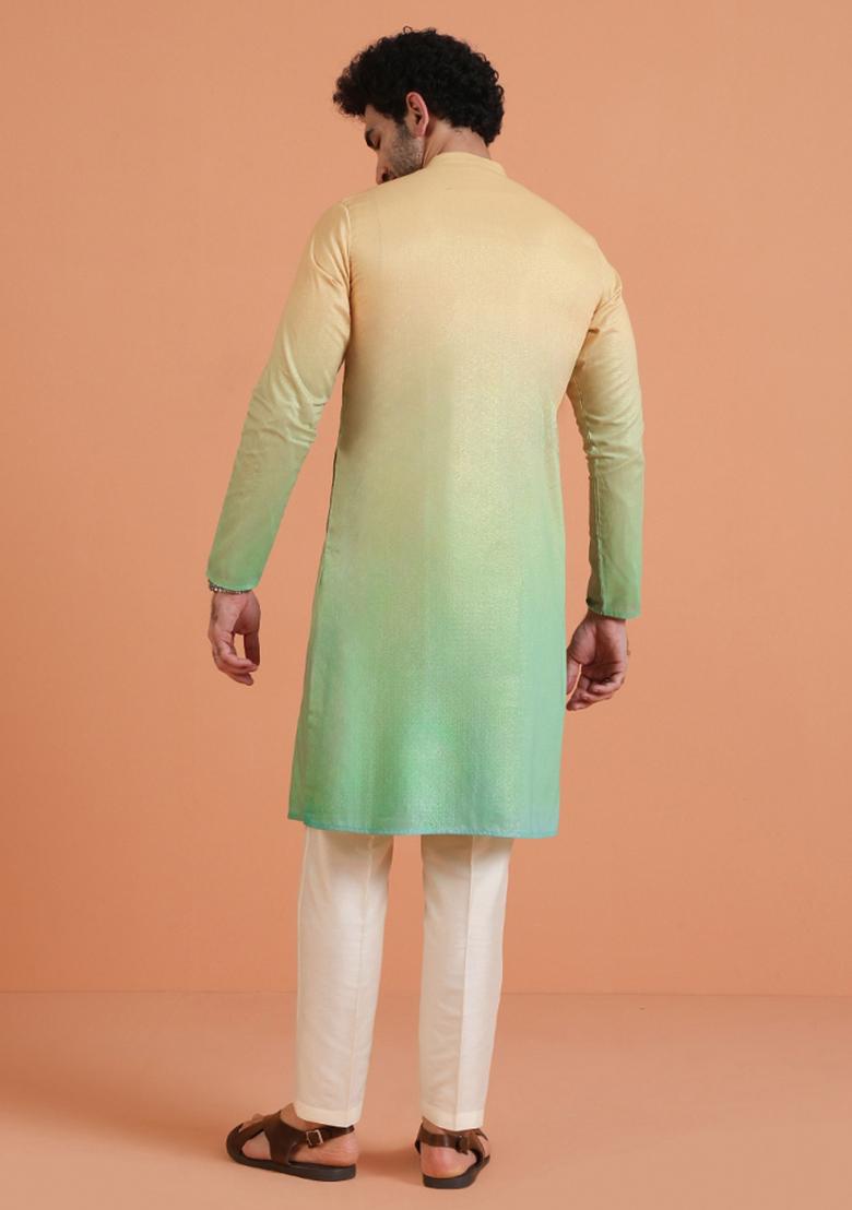 Yellow Ombre Silk Blend Kurta Set For Men