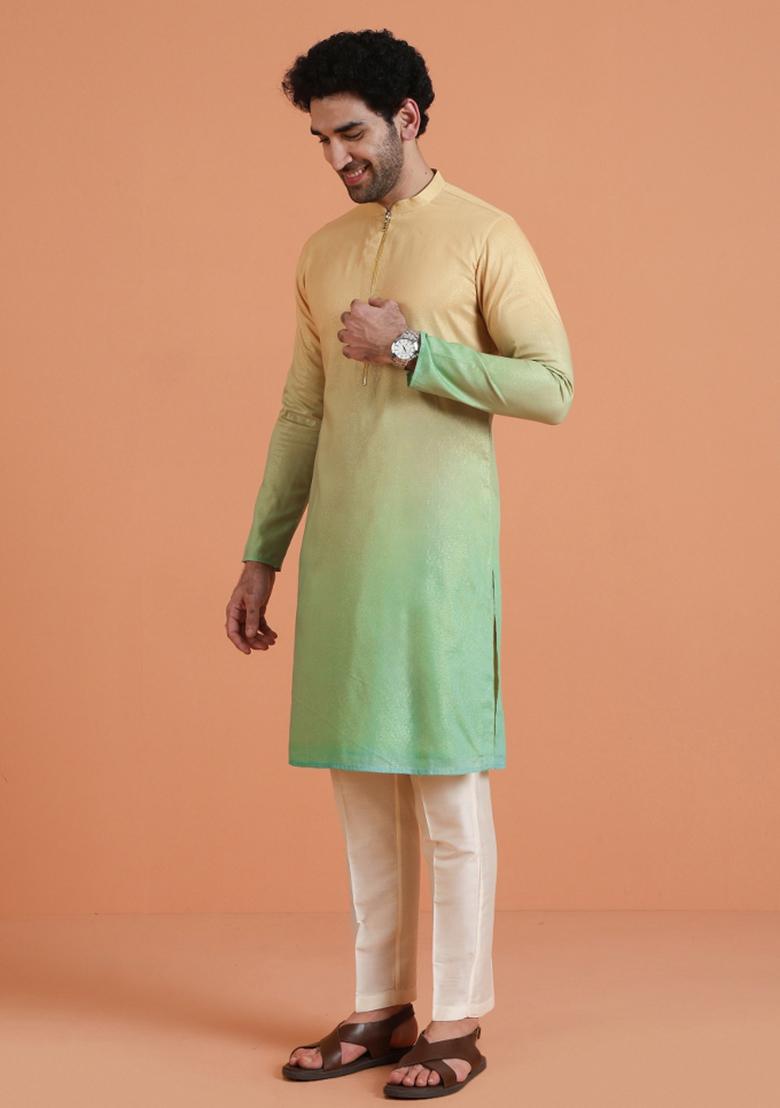 Yellow Ombre Silk Blend Kurta Set For Men