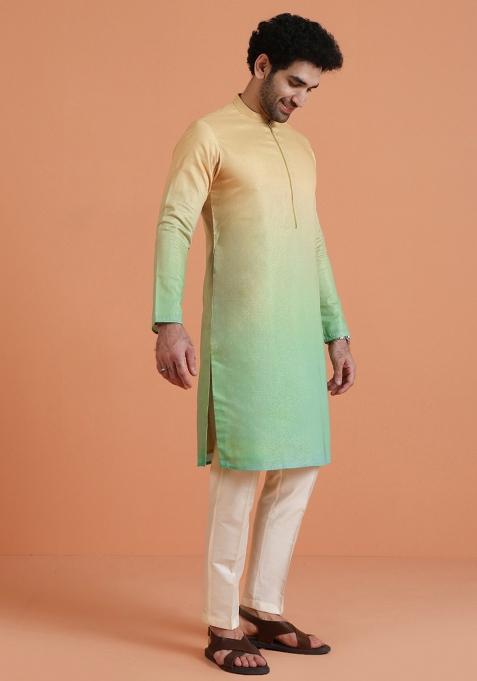 Yellow Ombre Silk Blend Kurta Set For Men