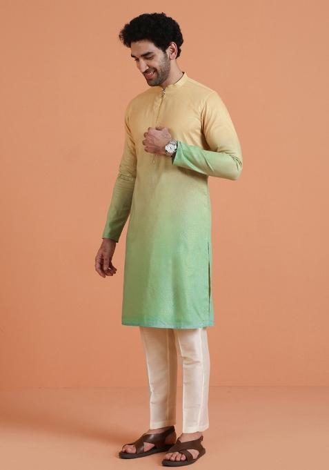 Yellow Ombre Silk Blend Kurta Set For Men
