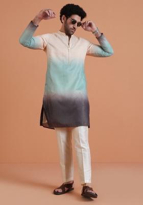Beige Ombre Silk Blend Kurta Set For Men