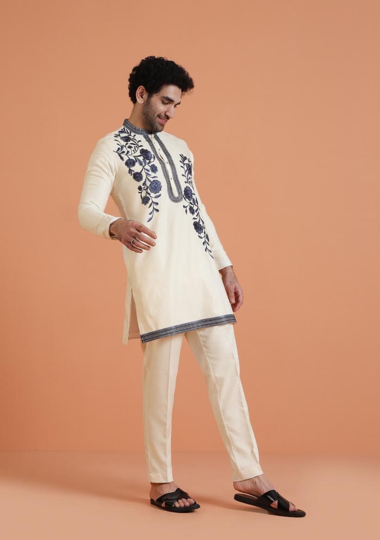 Cream Embroidered Silk Blend Kurta Set For Men - Indya