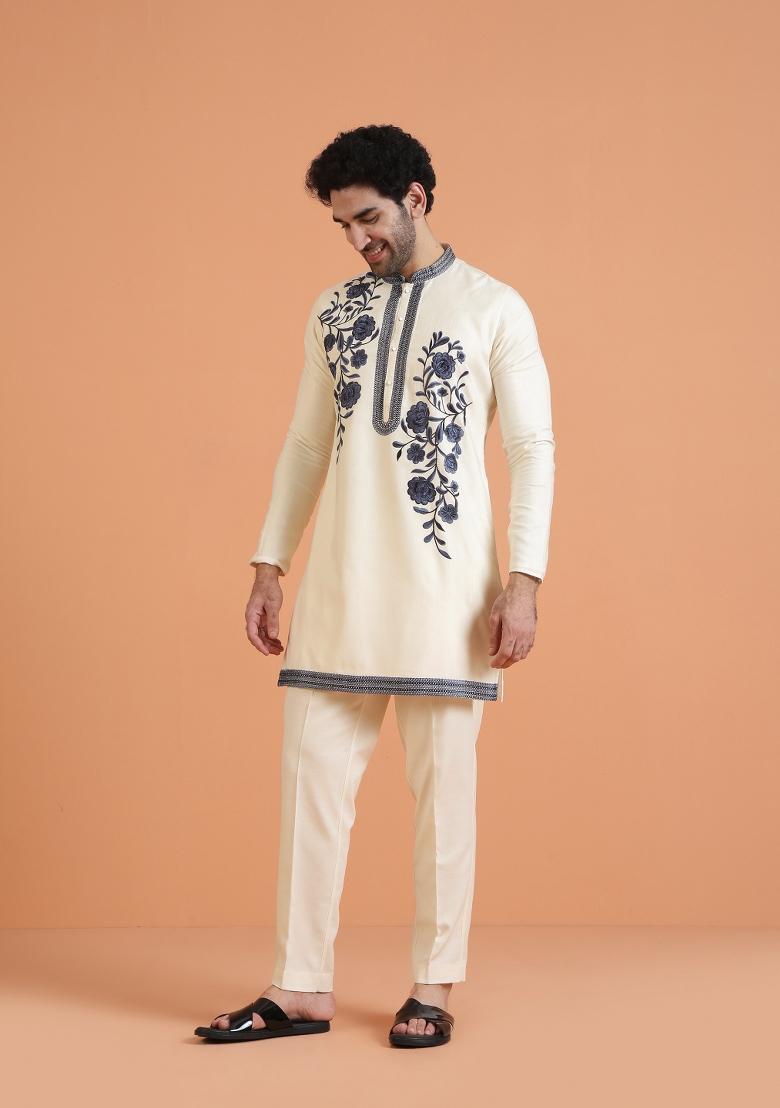 Cream Embroidered Silk Blend Kurta Set For Men - Indya