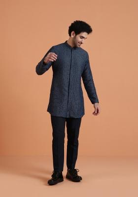 Navy Blue Embellished Denim Kurta Set For Men