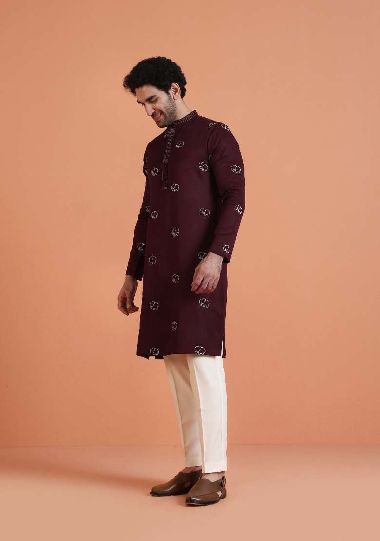 Maroon Embroidered Silk Blend Kurta Set For Men - Indya