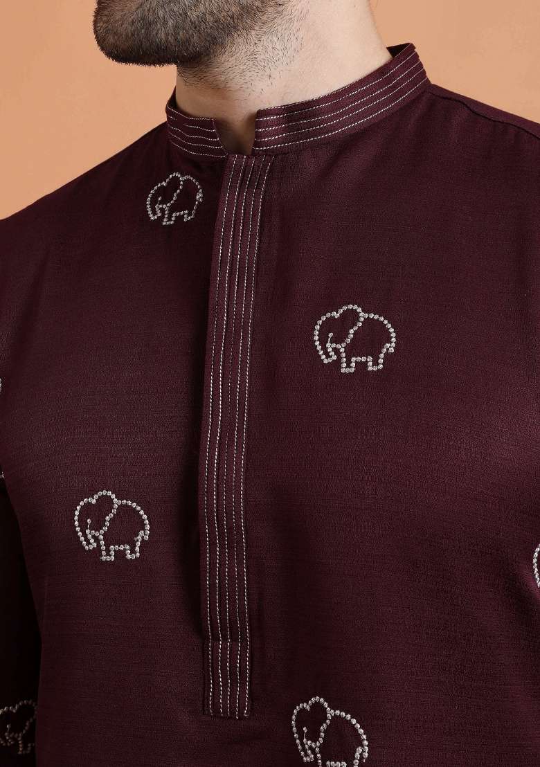 Maroon Embroidered Silk Blend Kurta Set For Men - Indya