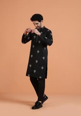 Black Embroidered Silk Blend Kurta Set For Men