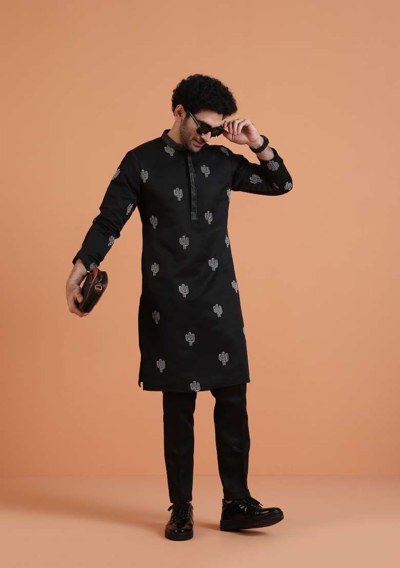 Black Embroidered Silk Blend Kurta Set For Men - Indya