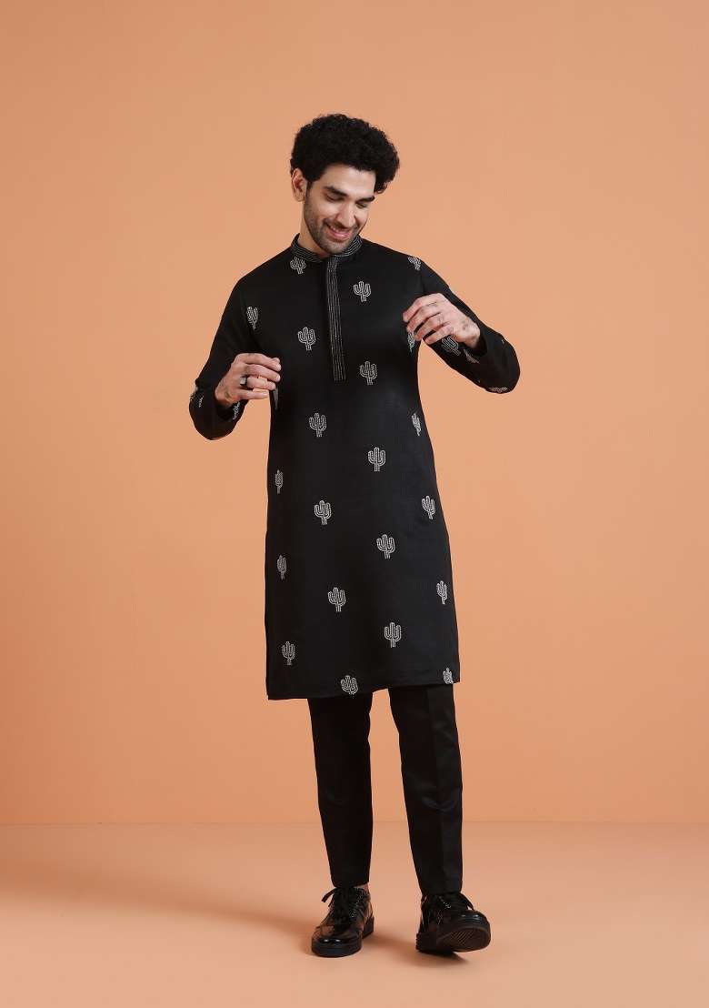 Black Embroidered Silk Blend Kurta Set For Men - Indya