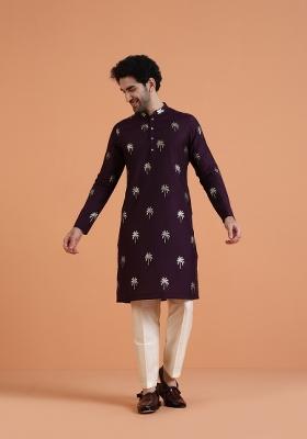 Wine Embroidered Silk Blend Kurta Set For Men