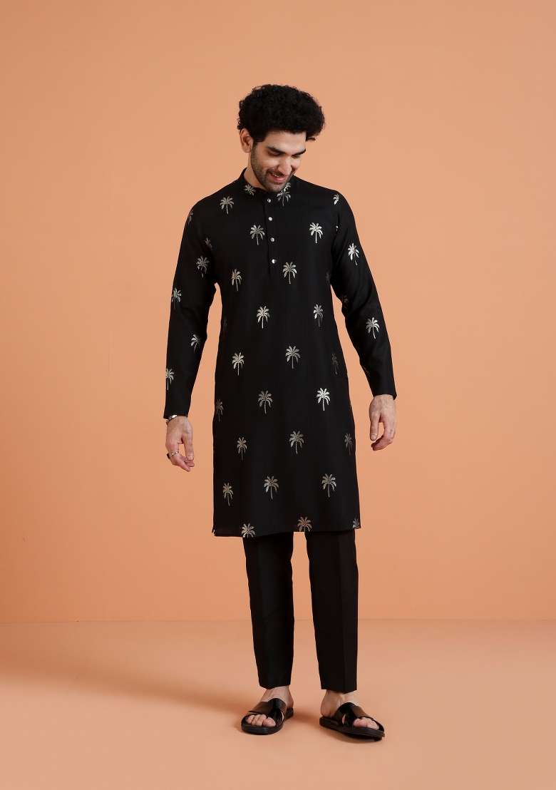 Black Embroidered Silk Blend Kurta Set For Men - Indya