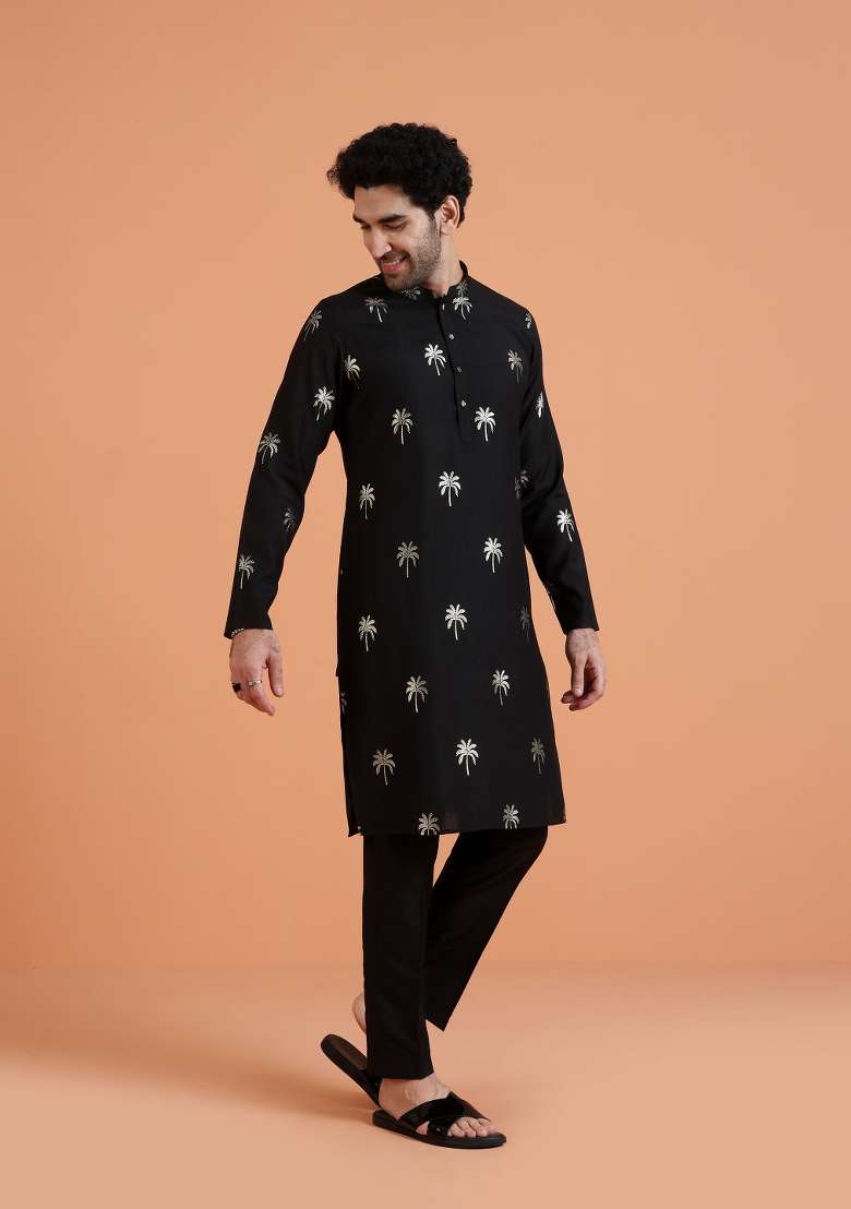 Black Embroidered Silk Blend Kurta Set For Men - Indya