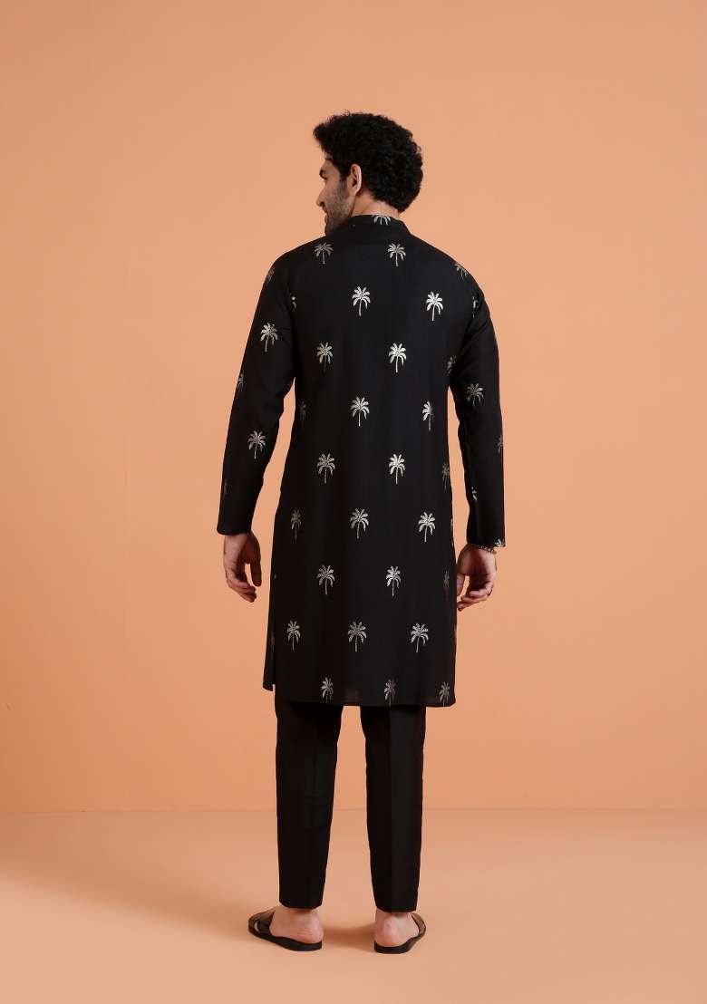 Black Embroidered Silk Blend Kurta Set For Men - Indya
