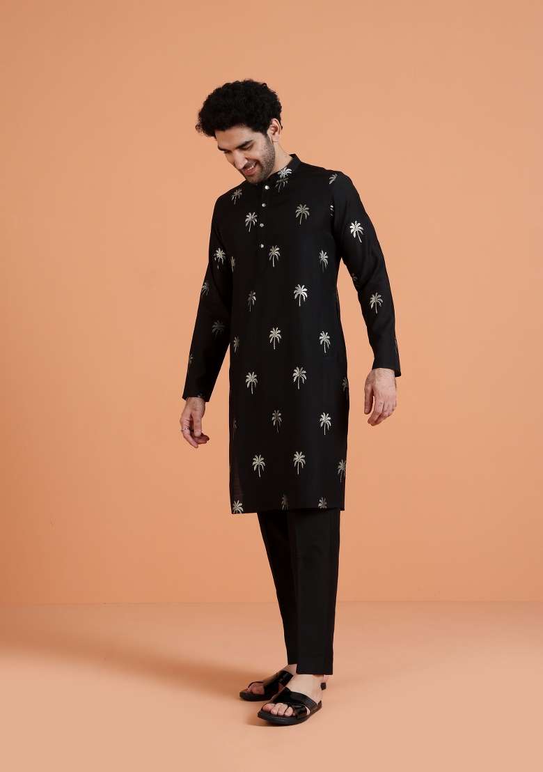 Black Embroidered Silk Blend Kurta Set For Men - Indya