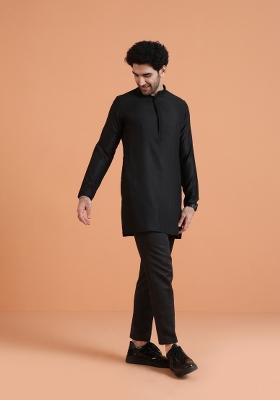 Black Solid Silk Blend Kurta Set For Men