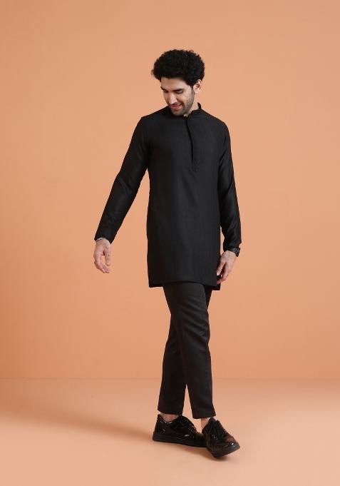 Black Solid Silk Blend Kurta Set For Men