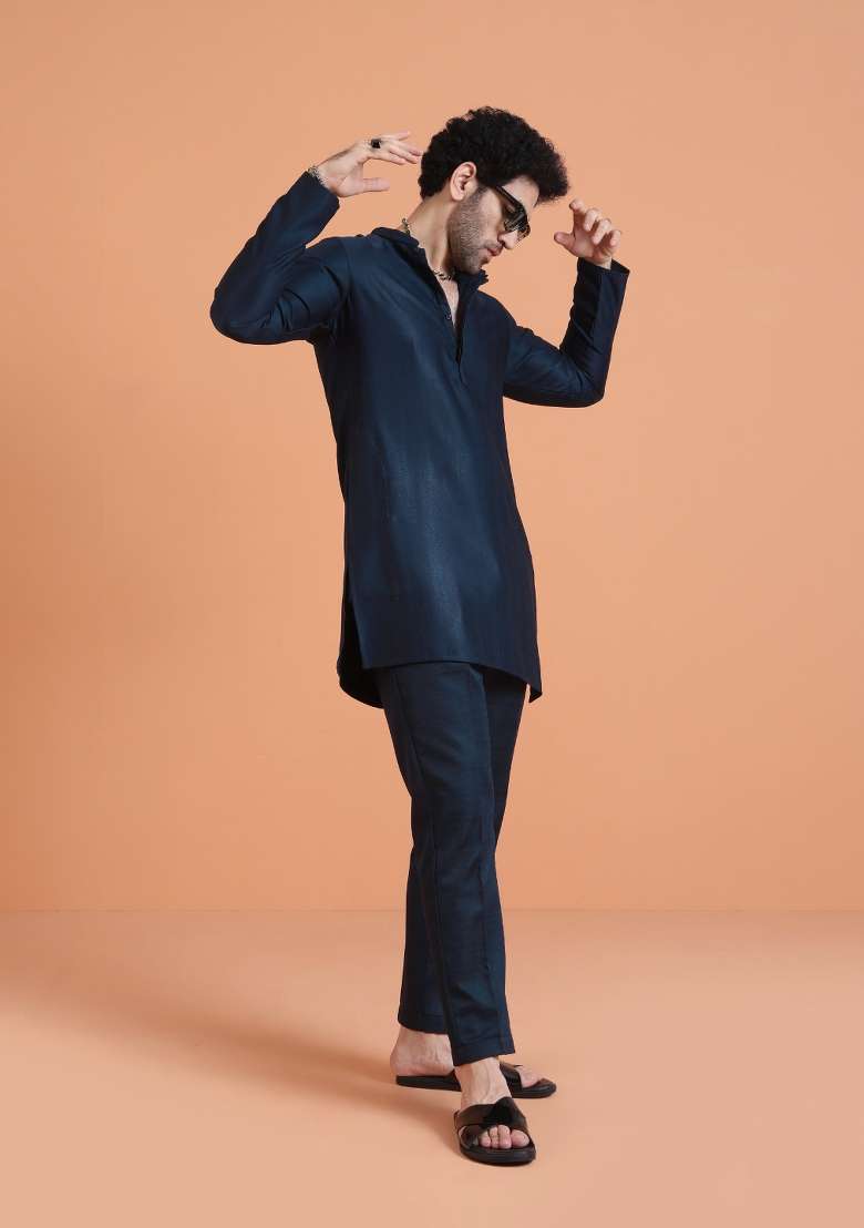 Blue Solid Silk Blend Kurta Set For Men - Indya
