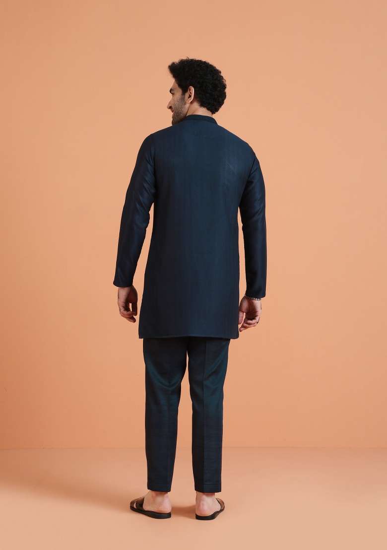Blue Solid Silk Blend Kurta Set For Men - Indya