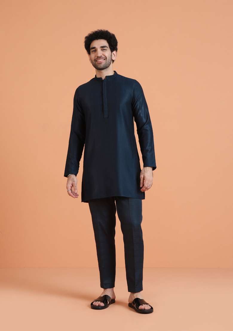 Blue Solid Silk Blend Kurta Set For Men - Indya