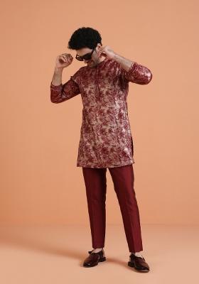 Red Printed Silk Blend Kurta Set For Men
