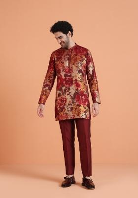 Red Printed Art Silk Blend Kurta Set For Men