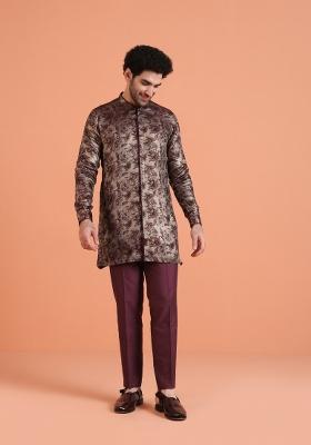 Wine Printed Art Silk Blend Kurta Set For Men