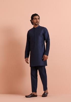 Blue Solid Poly Silk Blend Kurta Set For Men