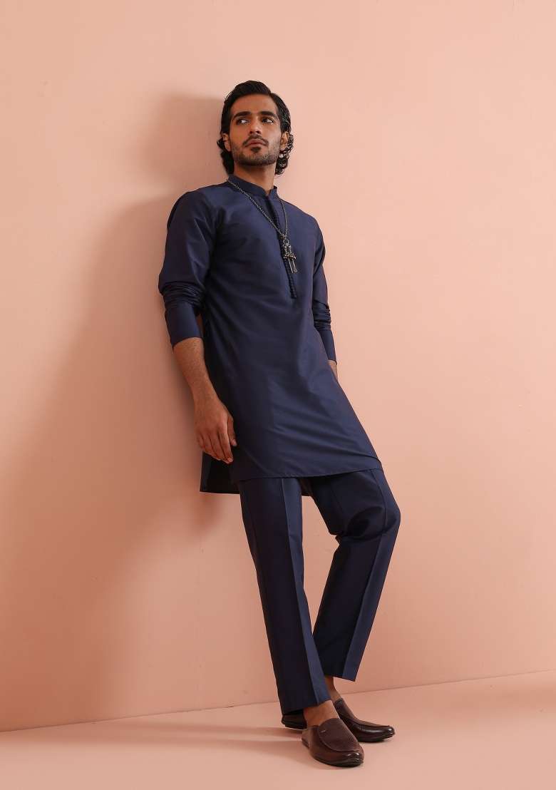 Blue Solid Poly Silk Blend Kurta Set For Men - Indya