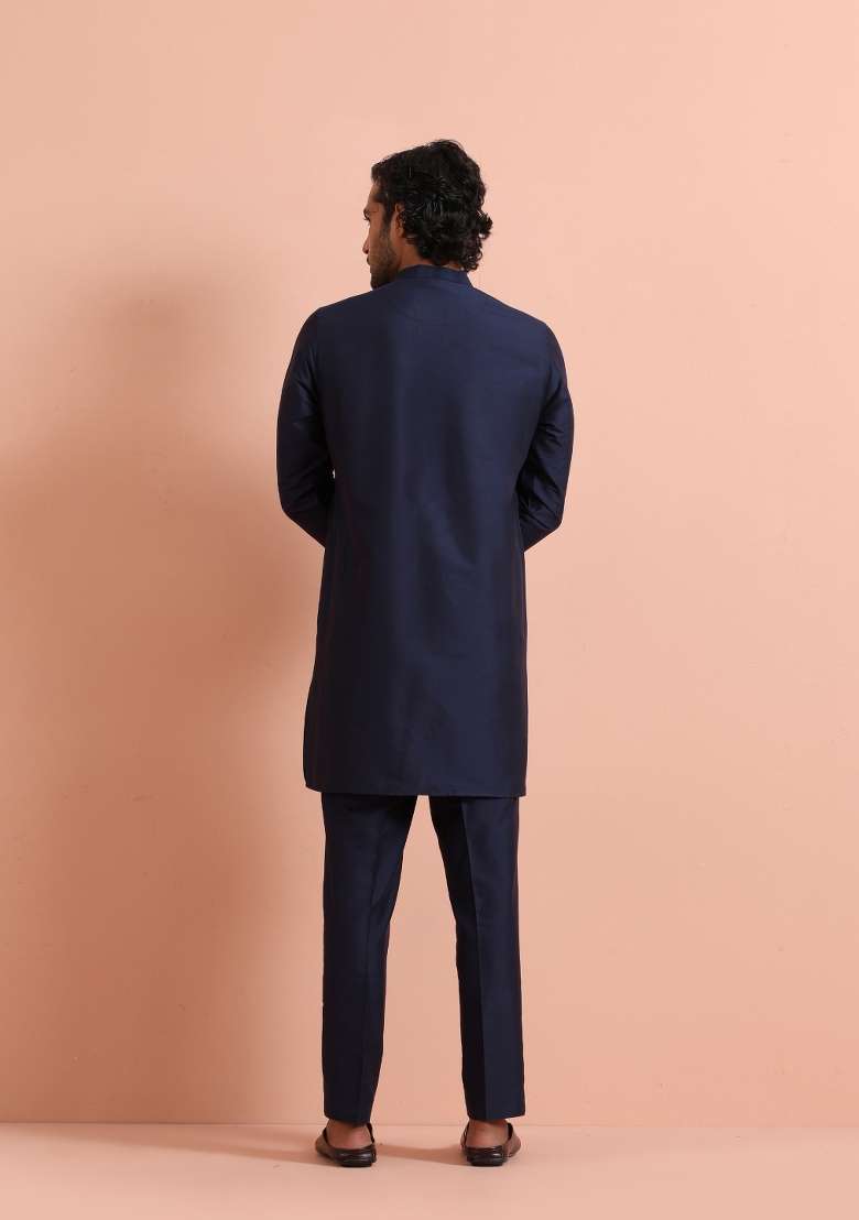 Blue Solid Poly Silk Blend Kurta Set For Men - Indya