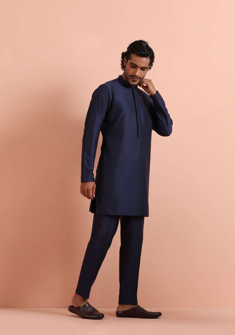 Blue Solid Poly Silk Blend Kurta Set For Men - Indya