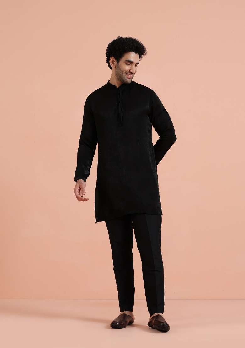 Black Solid Polyester Kurta Set For Men - Indya