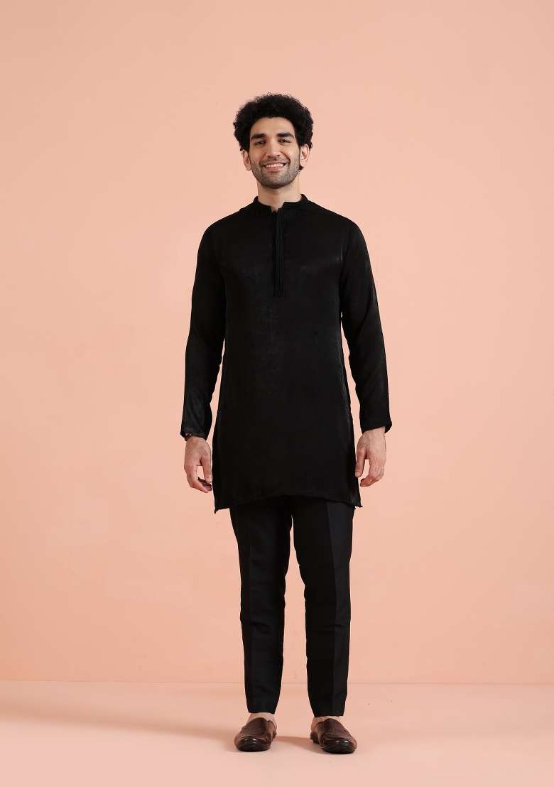 Black Solid Polyester Kurta Set For Men - Indya