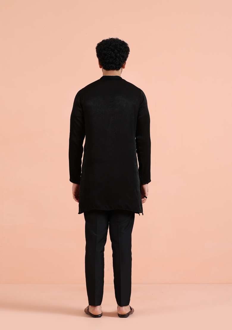 Black Solid Polyester Kurta Set For Men - Indya