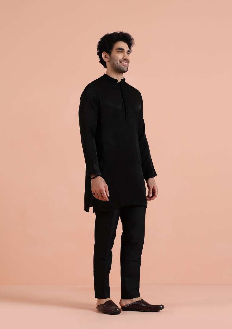 Black Solid Polyester Kurta Set For Men - Indya