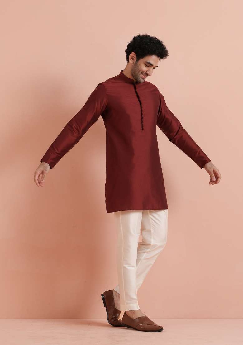 Maroon Solid Poly Silk Blend Kurta Set For Men - Indya