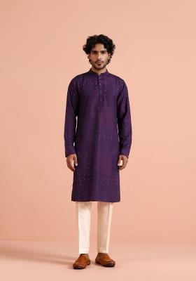 Purple Printed Cotton Blend Kurta Set For Men