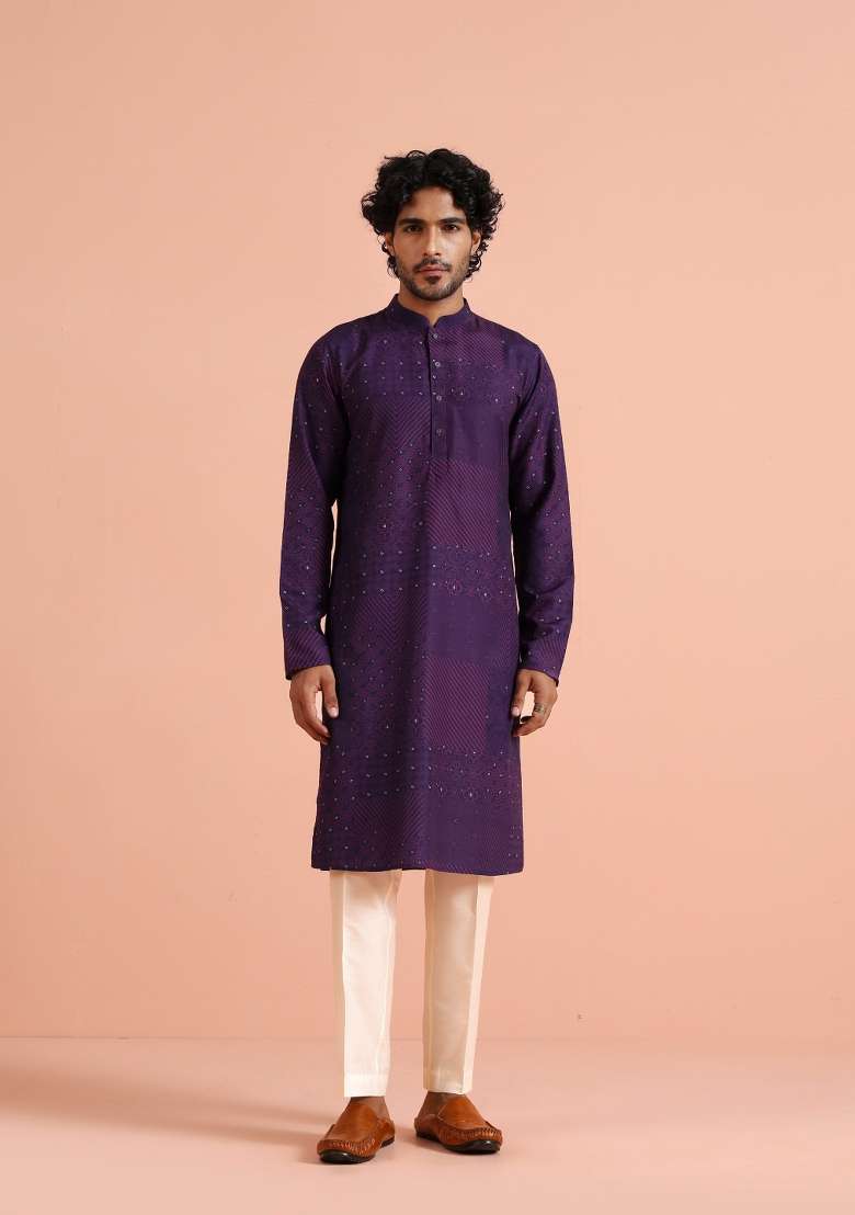Purple Printed Cotton Blend Kurta Set For Men - Indya