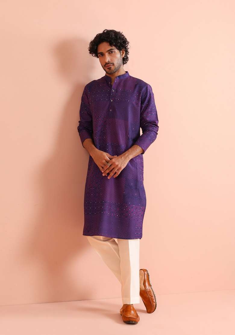 Purple Printed Cotton Blend Kurta Set For Men - Indya