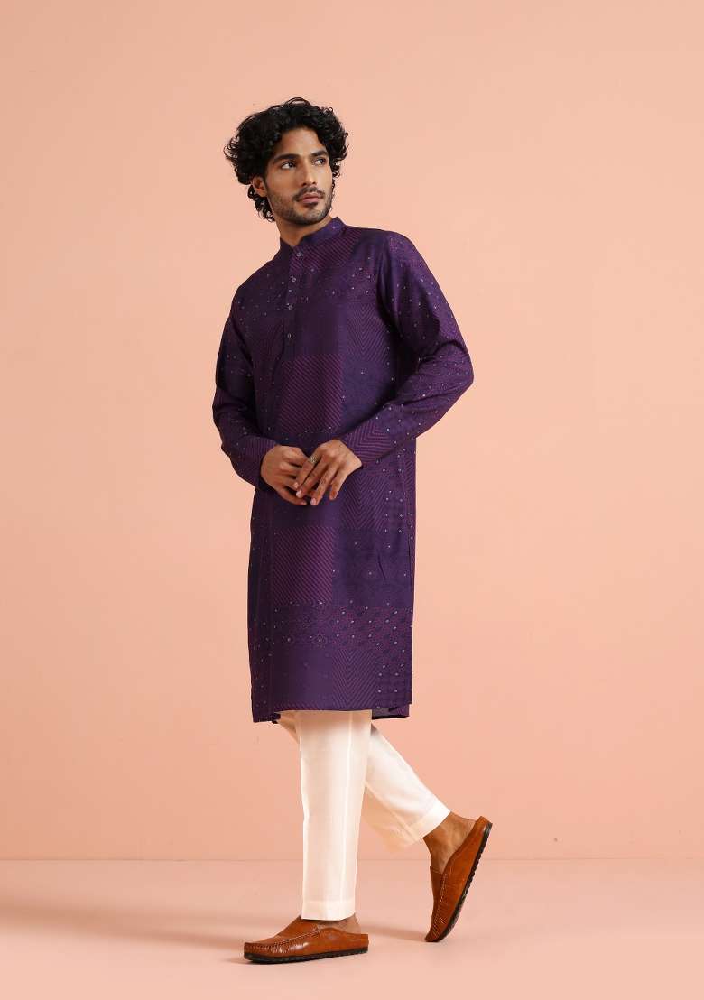 Purple Printed Cotton Blend Kurta Set For Men - Indya