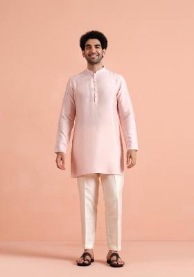 Pink Solid Silk Kurta Set For Men