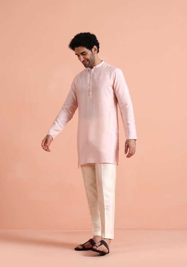 Pink Solid Silk Blend Kurta Set For Men - Indya