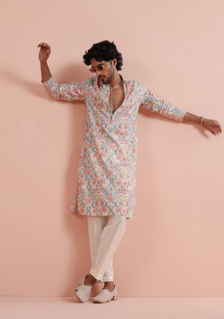 Multicolor Printed Poly Viscose Kurta Set For Men