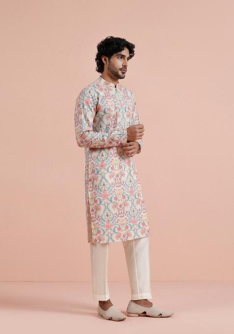 Multicolor Printed Poly Viscose Kurta Set For Men