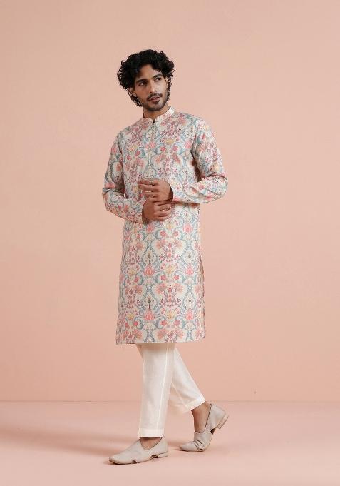 Multicolor Printed Poly Viscose Kurta Set For Men