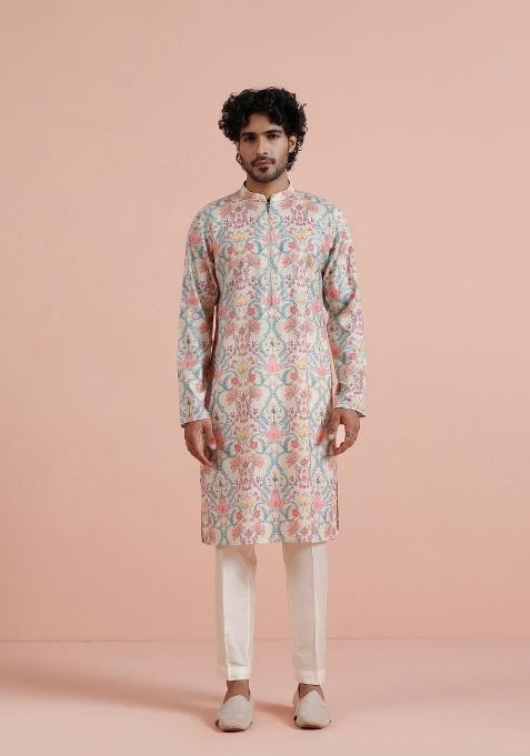 Multicolor Printed Poly Viscose Kurta Set For Men